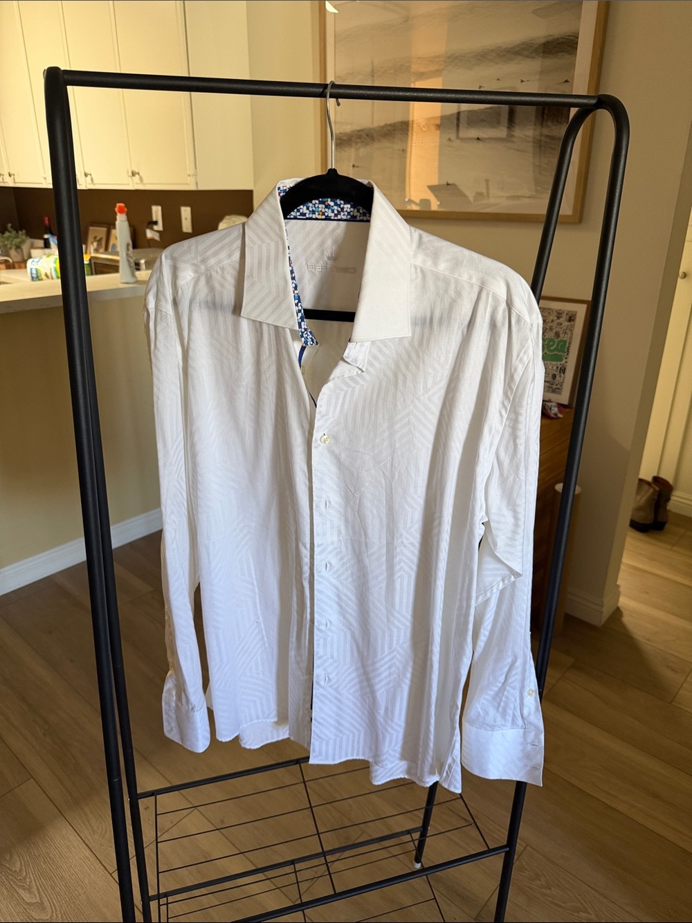 BERTIGO White Geometric Jacquard Dress Shirt Contrast Collar Trim XL